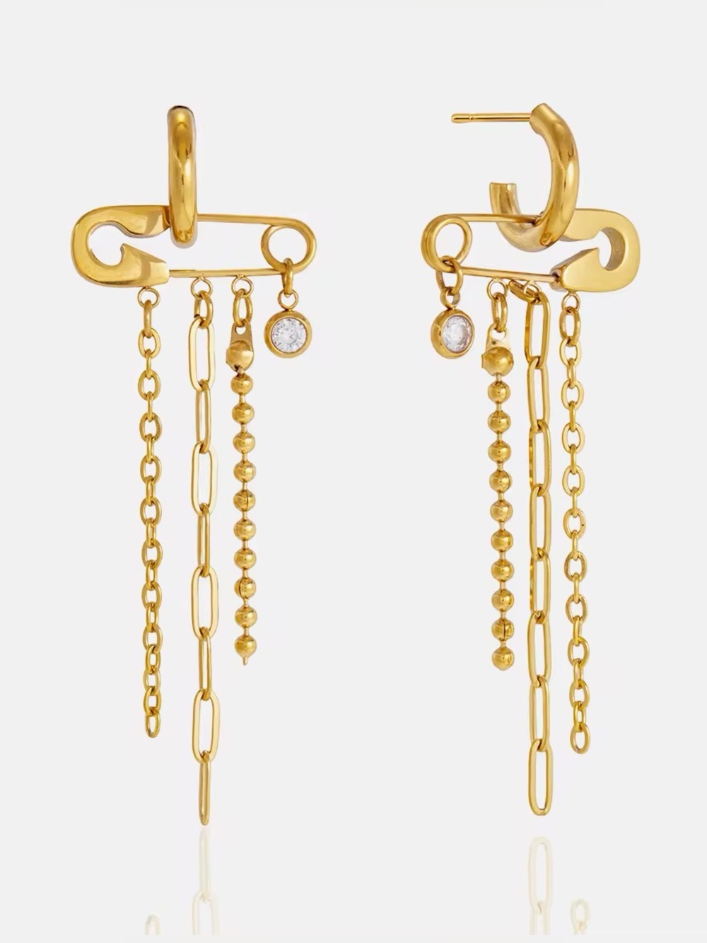18K Gold Plated Safety Pin Multi-Chain Drop Earrings